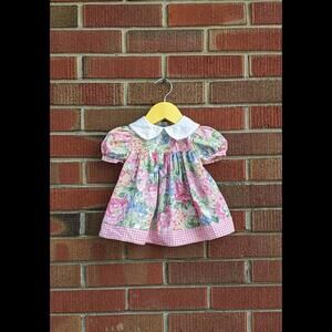6-9M Vintage Baby Doll Dress, Floral Pattern with Peter Pan Collar,  1980s